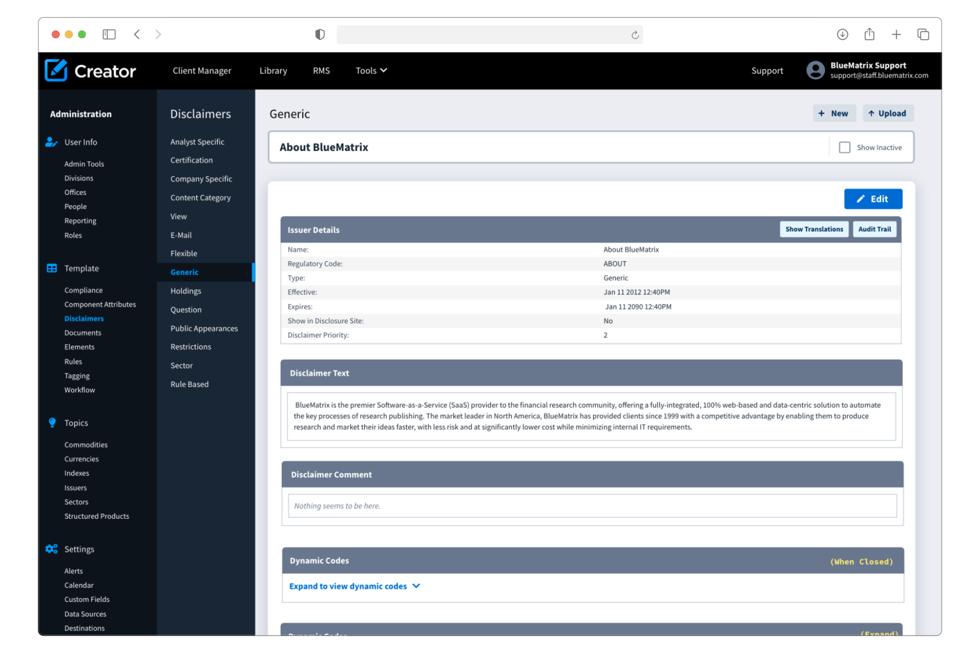 redesigned admin disclaimers section